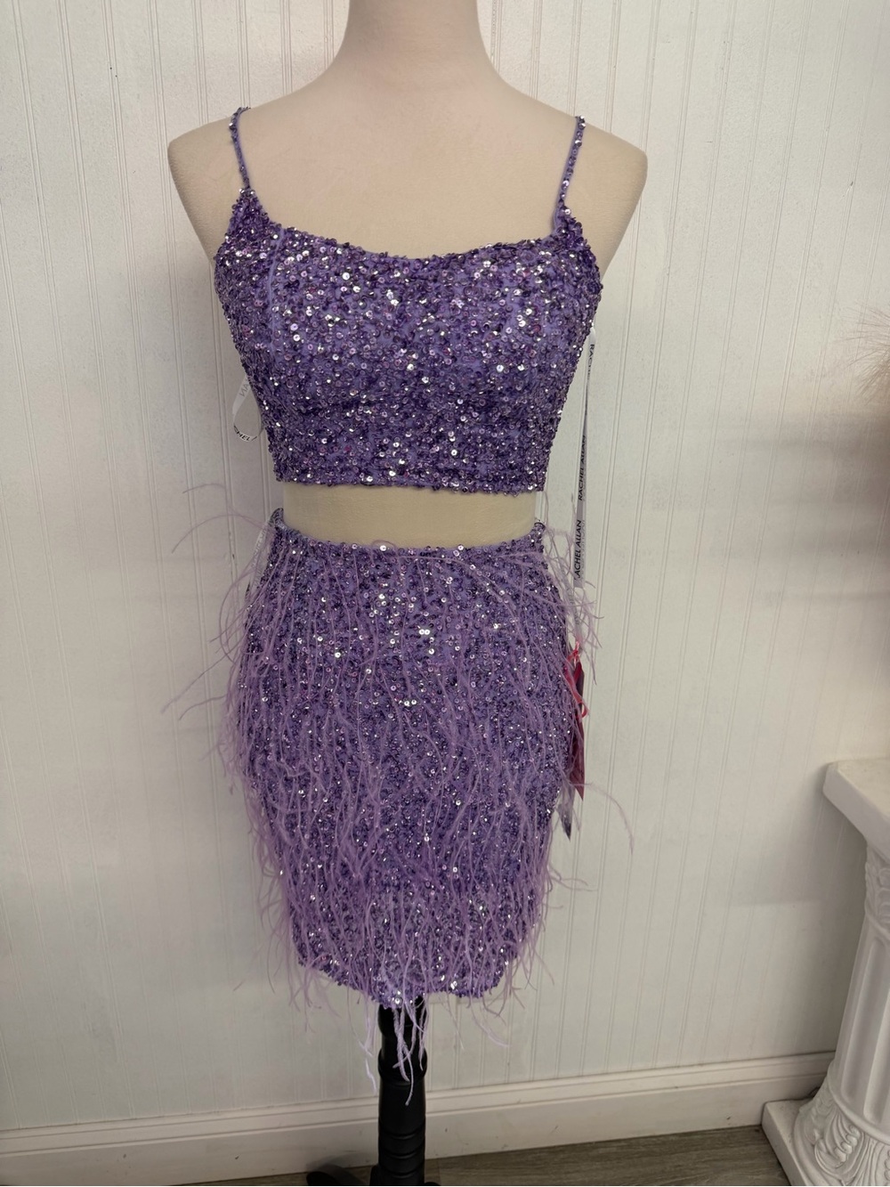 Rachel Allan Purple Two-Piece Sequined Feather Mini Dress